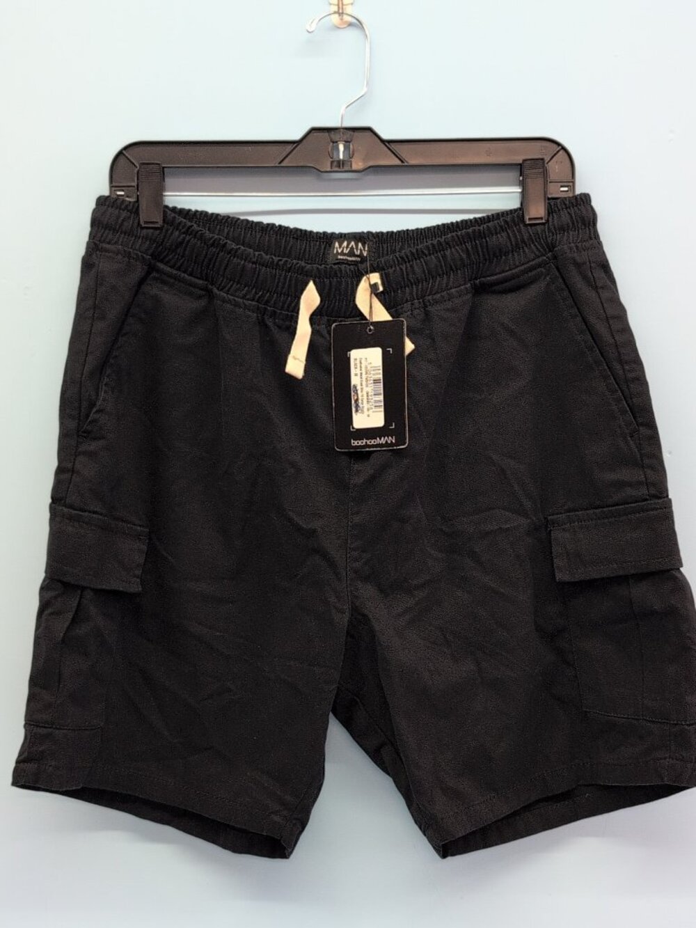 BoohooMAN Men's Elasticated Waist Slim Fit Cargo Shorts Medium Black NWT